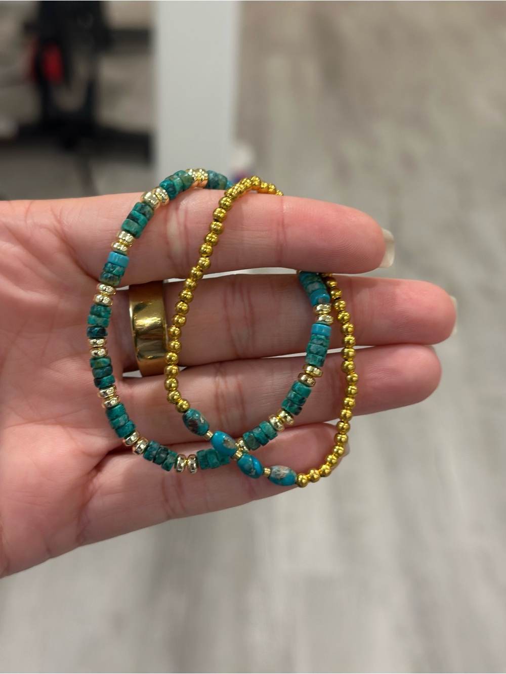 Handmade Turquoise Gold Beaded Stretch Bracelet Set | Boho Summer Stack Gift